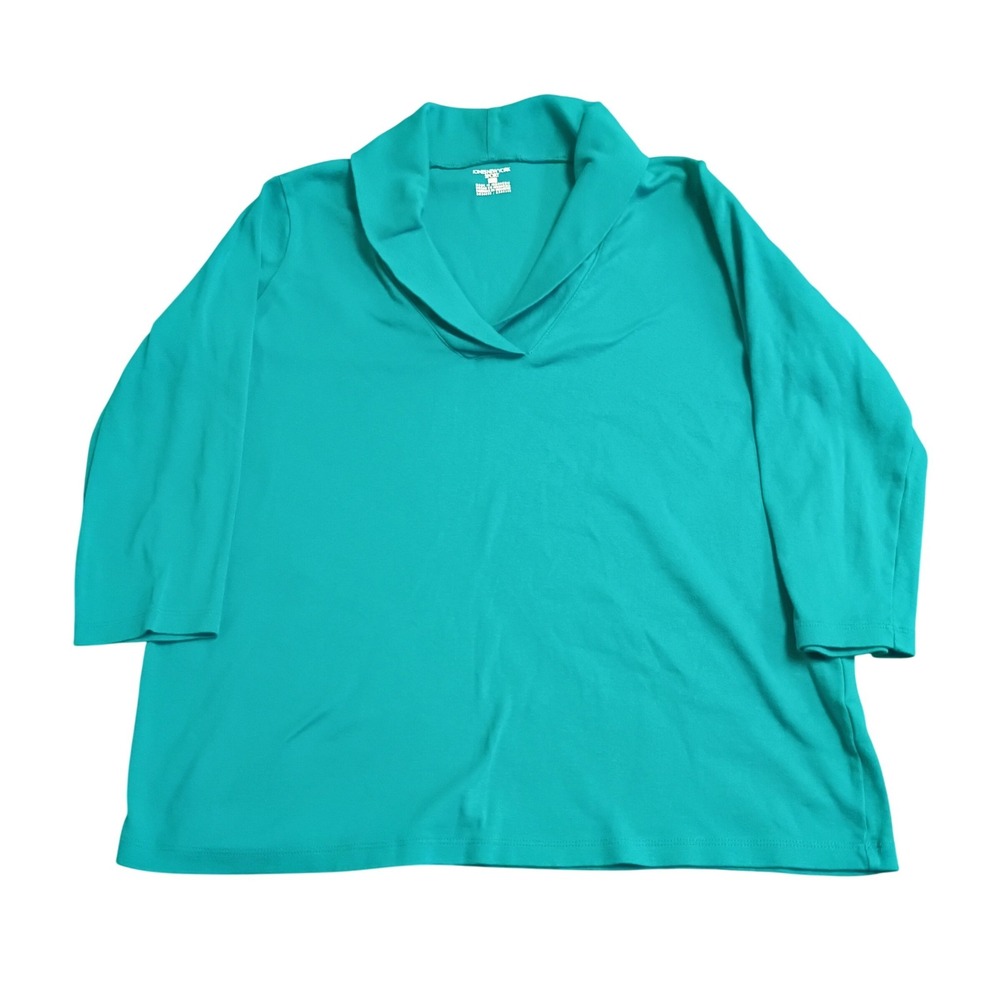 Jones New York Sport Shawl Collar Top Womens 1X Teal Green Cotton 3/4 Sleeve